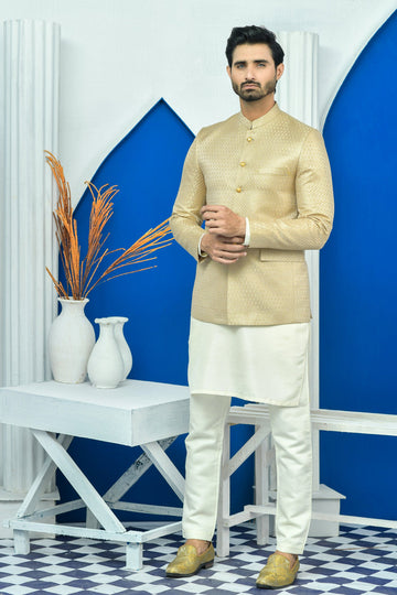 Golden Color Checkered Embroidered Prince Coat For Men